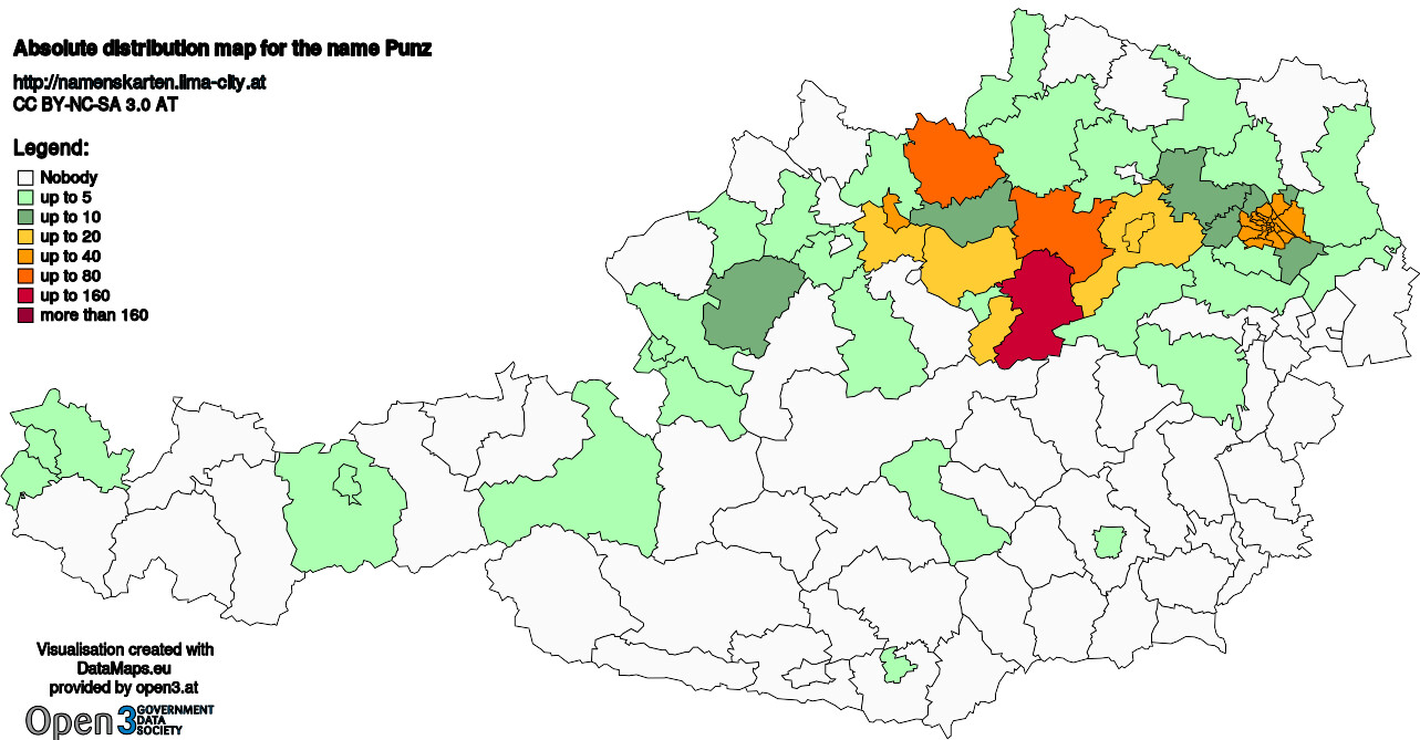 Absolute Distribution maps for surname Punz