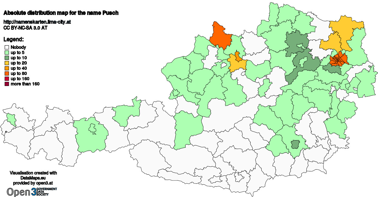 Absolute Distribution maps for surname Pusch