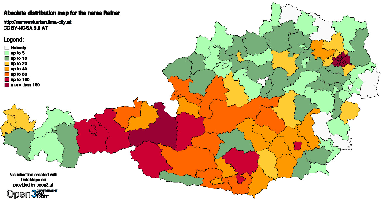 Absolute Distribution maps for surname Rainer