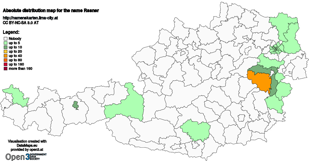 Absolute Distribution maps for surname Rasner