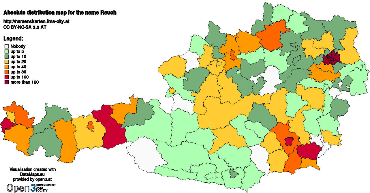 Absolute Distribution maps for surname Rauch