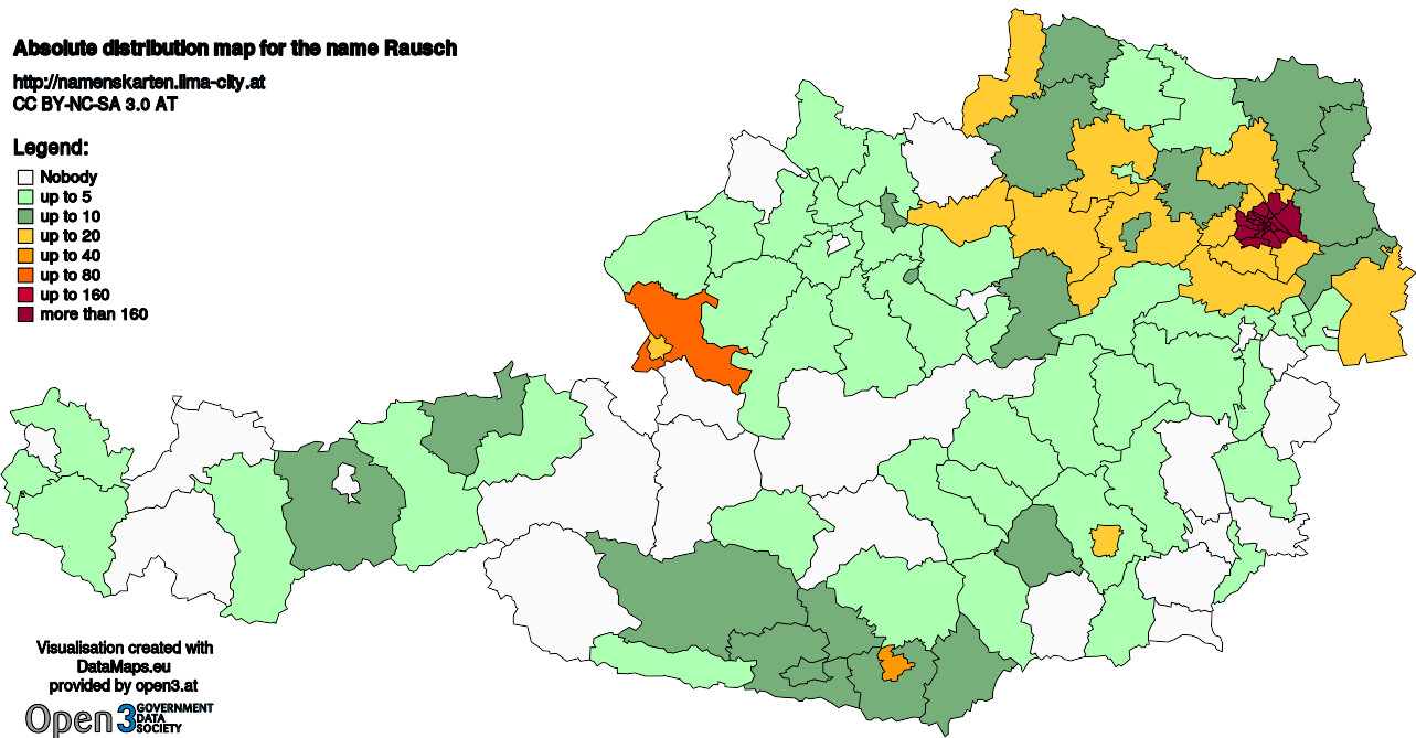 Absolute Distribution maps for surname Rausch