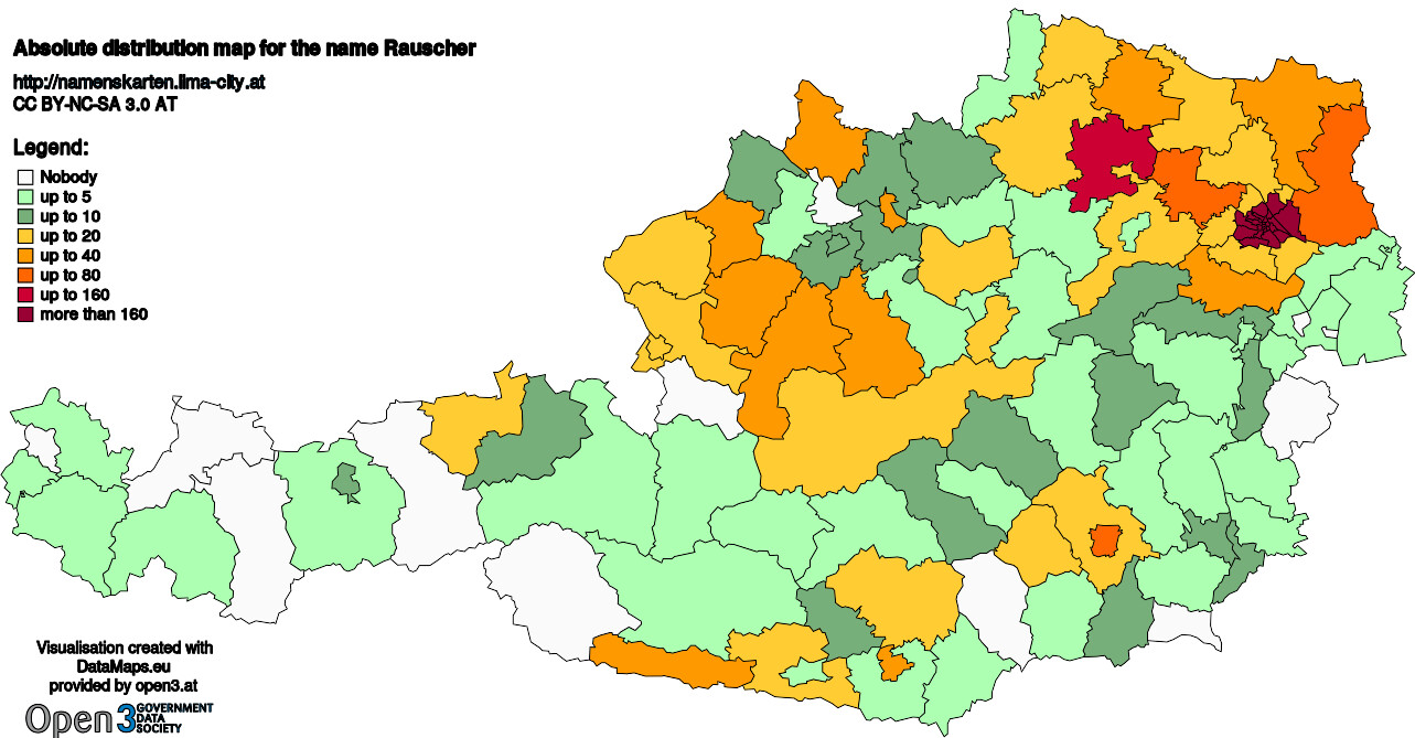 Absolute Distribution maps for surname Rauscher