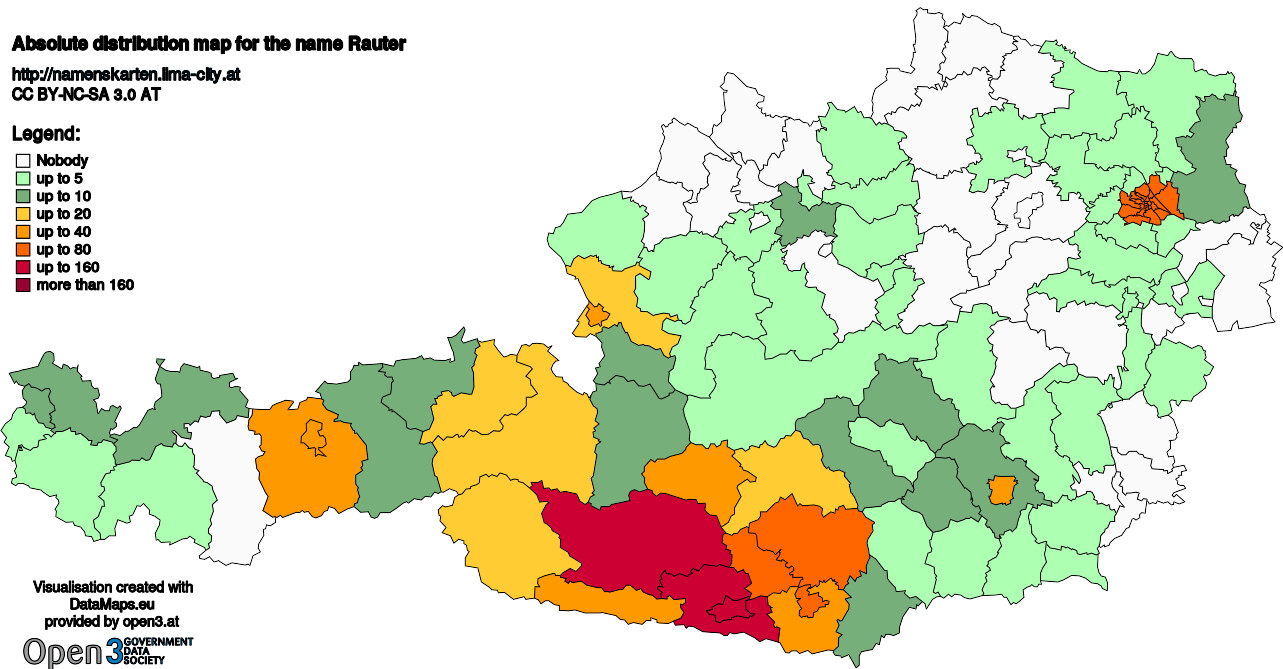 Absolute Distribution maps for surname Rauter