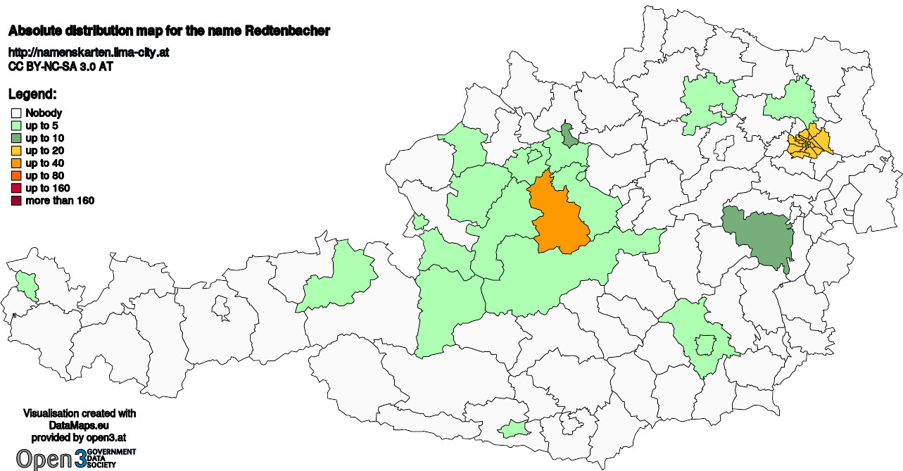 Absolute Distribution maps for surname Redtenbacher