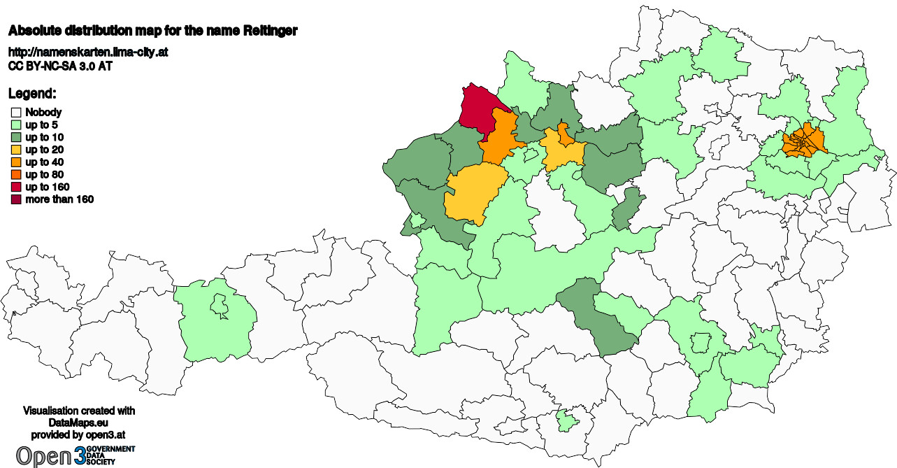 Absolute Distribution maps for surname Reitinger