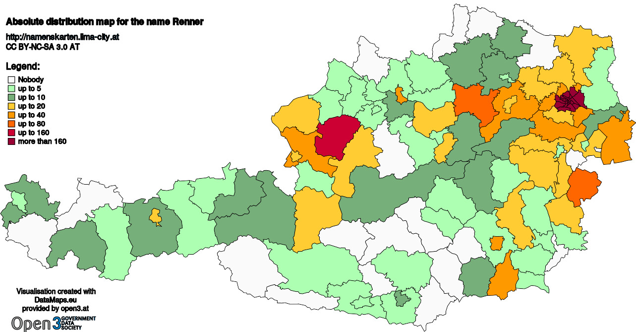 Absolute Distribution maps for surname Renner