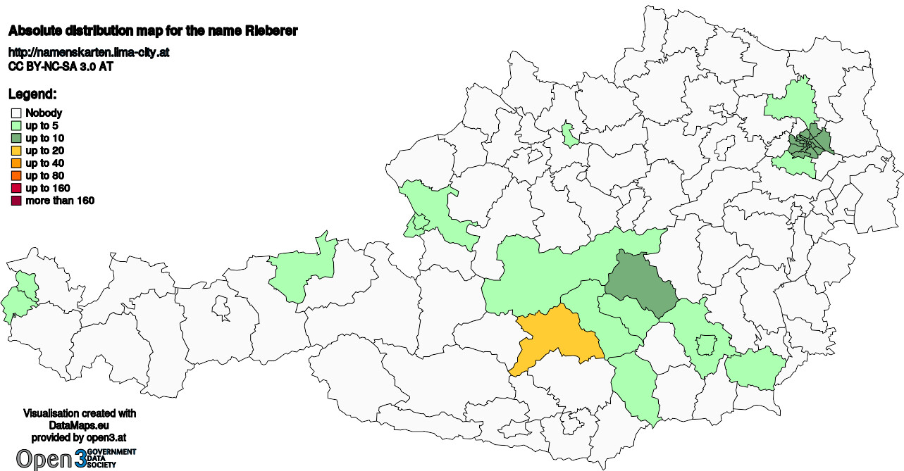 Absolute Distribution maps for surname Rieberer