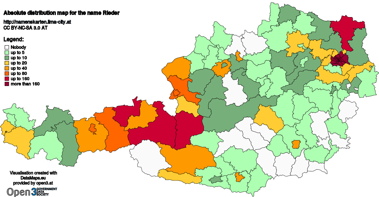 Absolute Distribution maps for surname Rieder