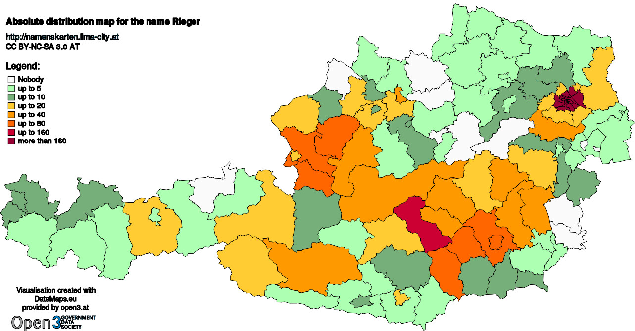 Absolute Distribution maps for surname Rieger