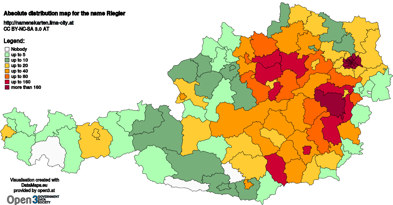 Absolute Distribution maps for surname Riegler
