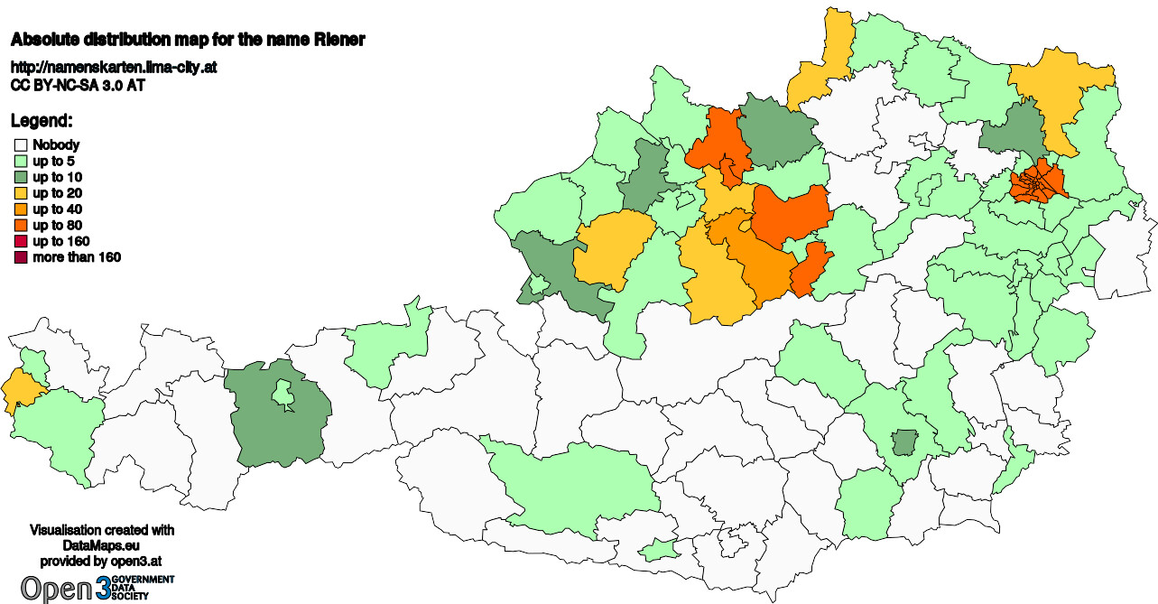 Absolute Distribution maps for surname Riener