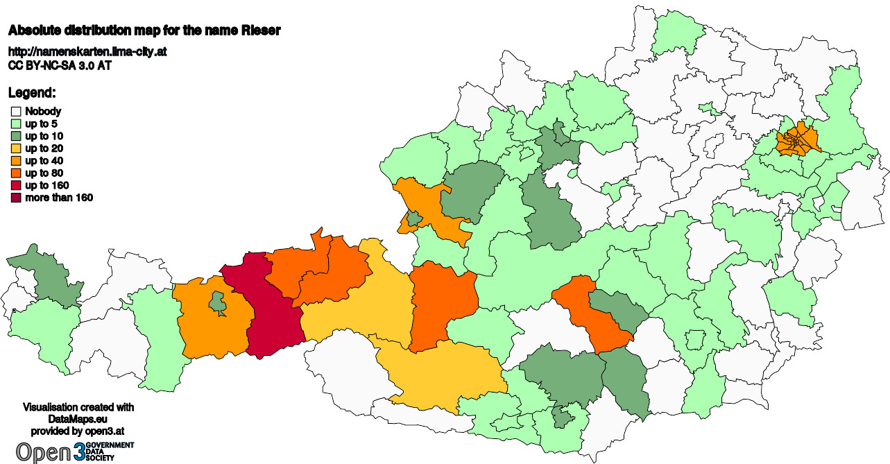 Absolute Distribution maps for surname Rieser