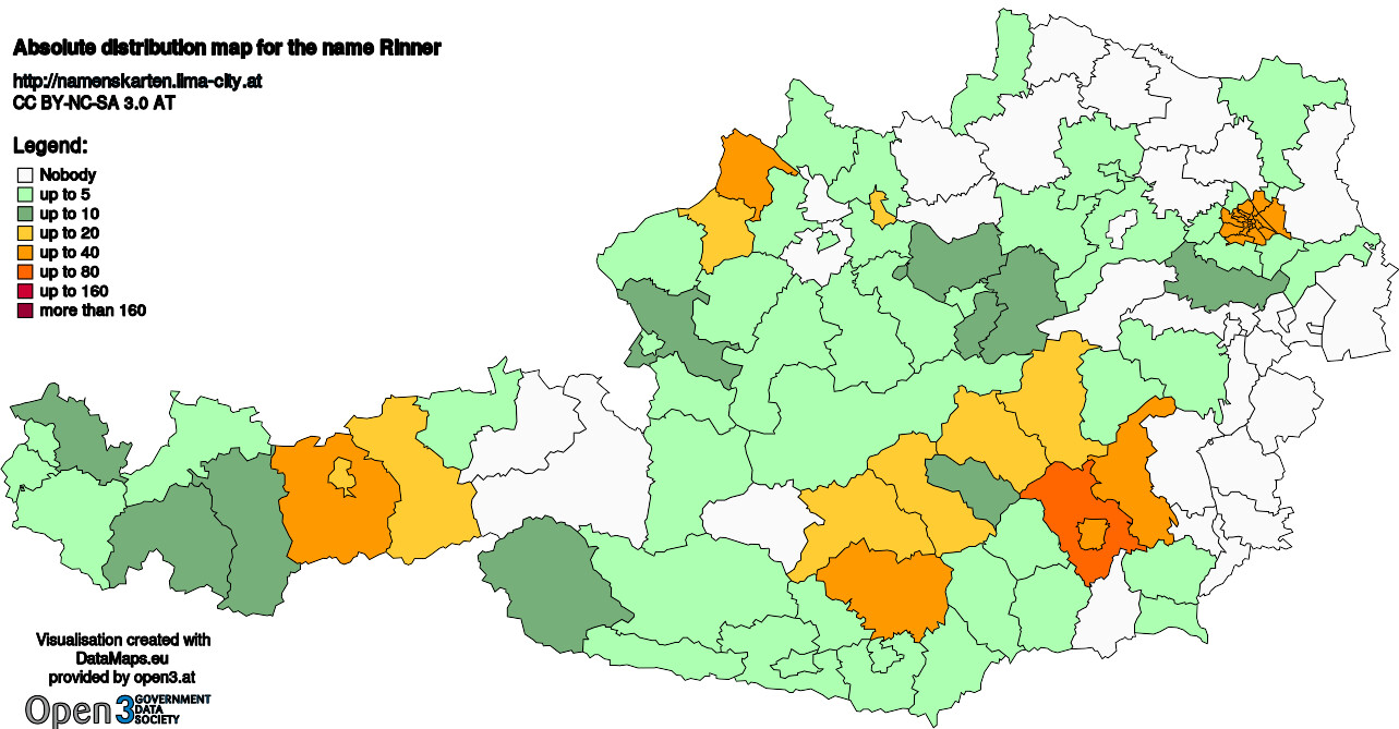 Absolute Distribution maps for surname Rinner