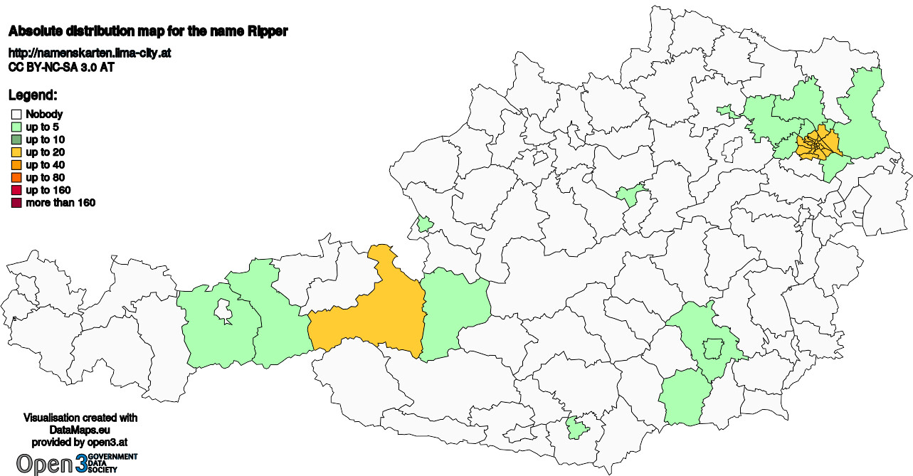 Absolute Distribution maps for surname Ripper