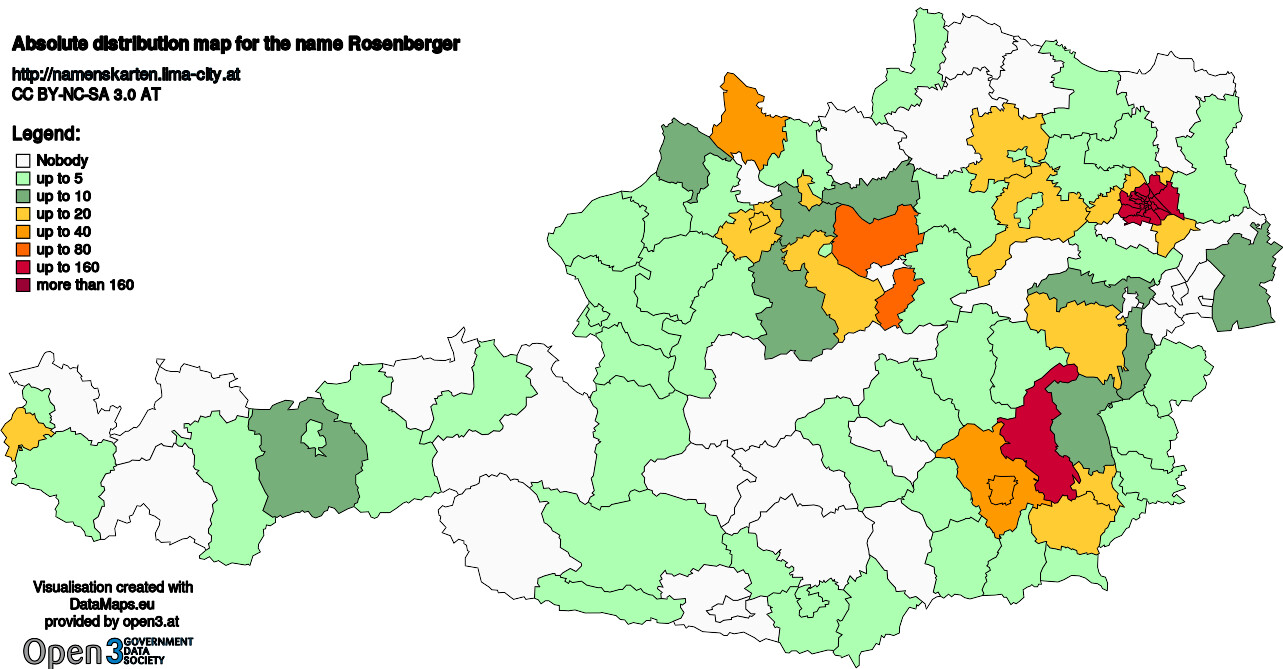 Absolute Distribution maps for surname Rosenberger