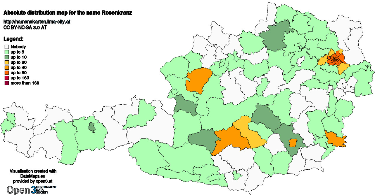 Absolute Distribution maps for surname Rosenkranz