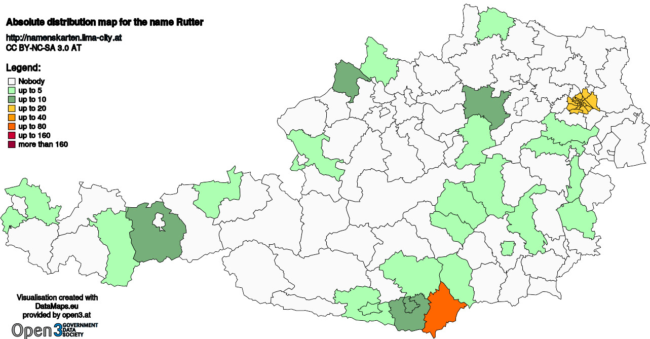 Absolute Distribution maps for surname Rutter