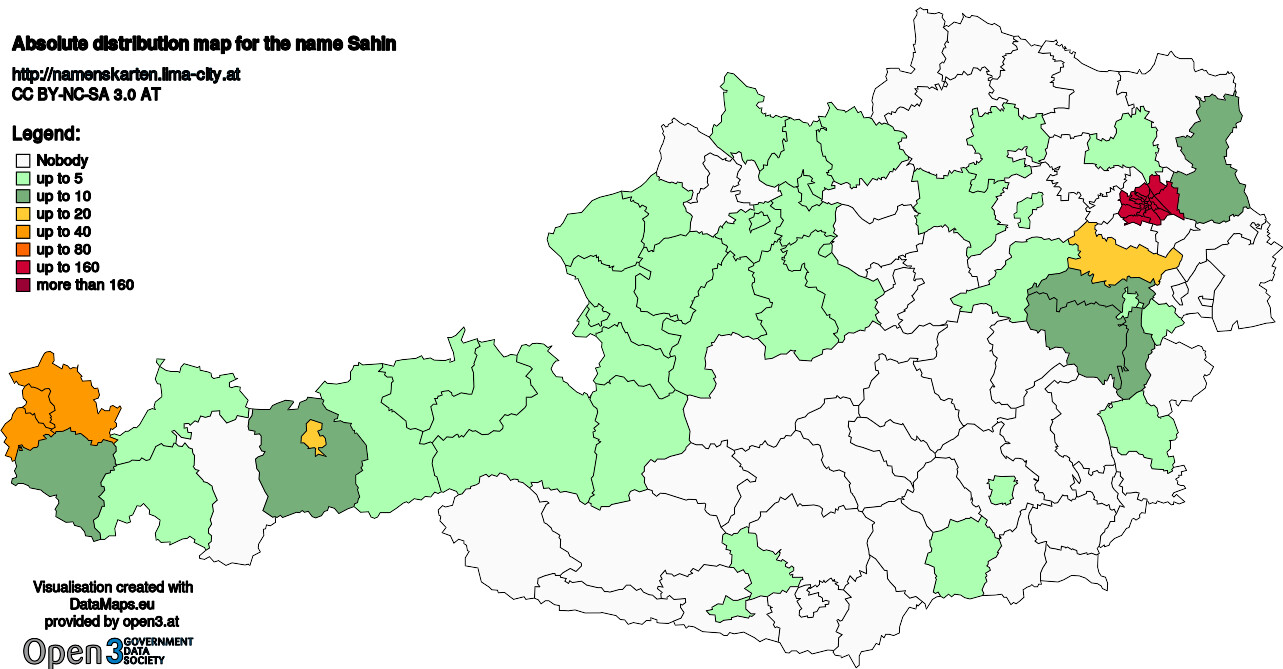 Absolute Distribution maps for surname Sahin