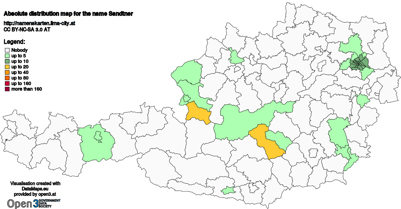 Absolute Distribution maps for surname Sandtner