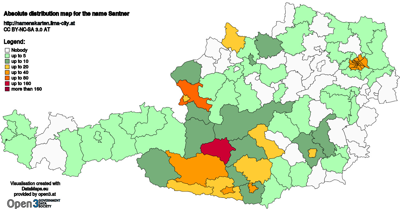 Absolute Distribution maps for surname Santner