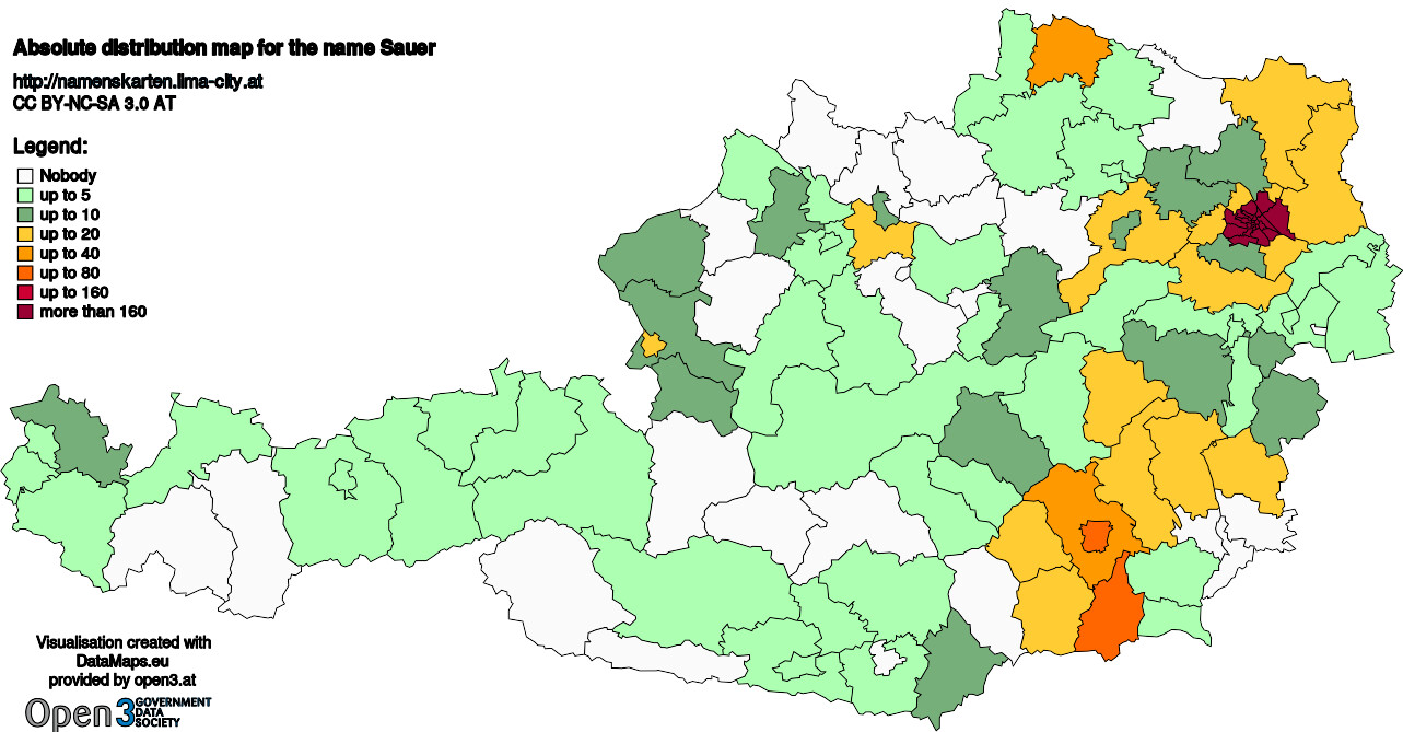 Absolute Distribution maps for surname Sauer