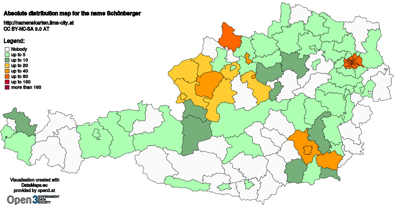 Absolute Distribution maps for surname Schönberger