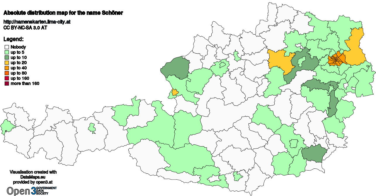 Absolute Distribution maps for surname Schöner