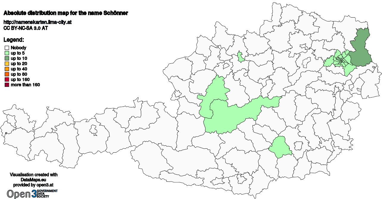 Absolute Distribution maps for surname Schönner