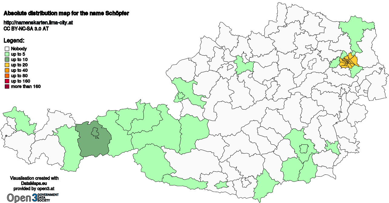 Absolute Distribution maps for surname Schöpfer