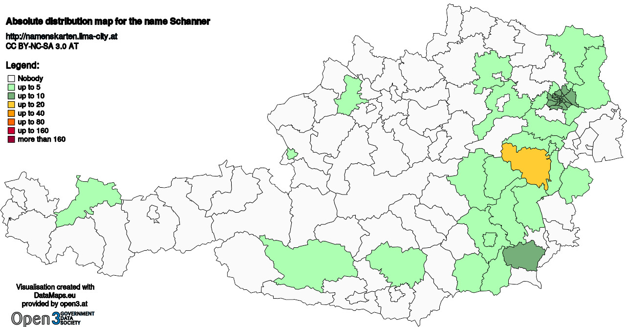 Absolute Distribution maps for surname Schanner