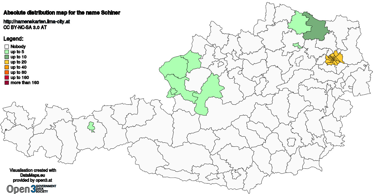 Absolute Distribution maps for surname Schiner