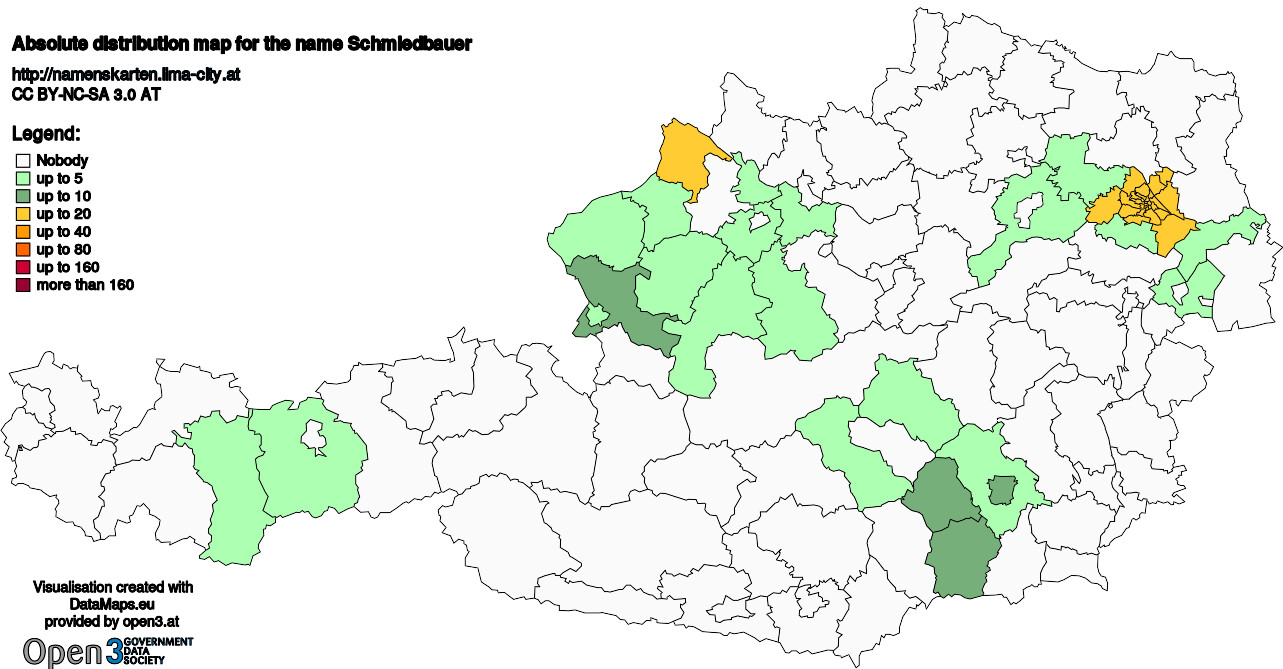 Absolute Distribution maps for surname Schmiedbauer