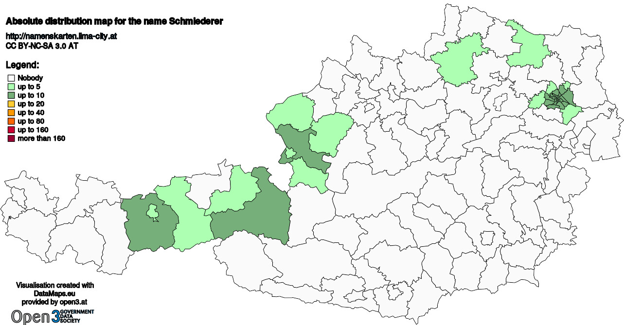 Absolute Distribution maps for surname Schmiederer