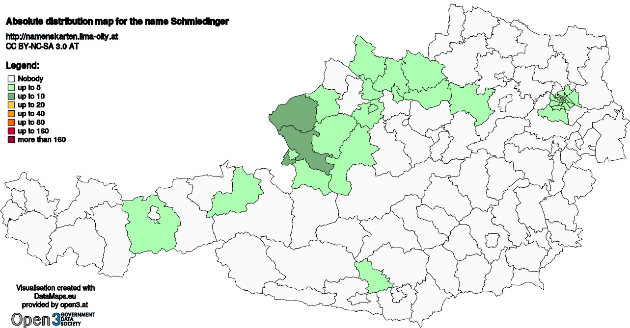 Absolute Distribution maps for surname Schmiedinger