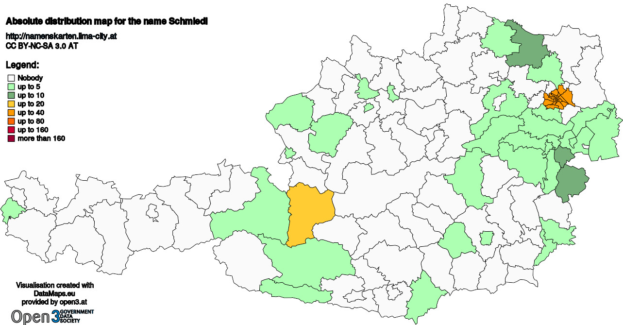 Absolute Distribution maps for surname Schmiedl