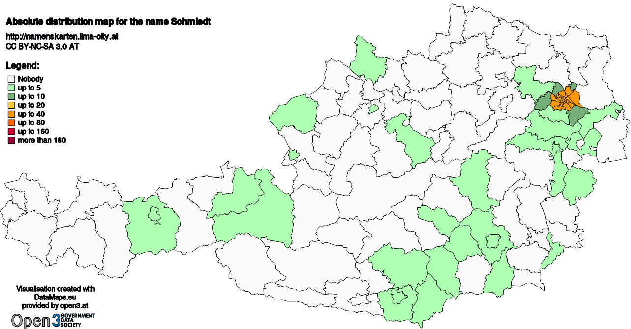 Absolute Distribution maps for surname Schmiedt