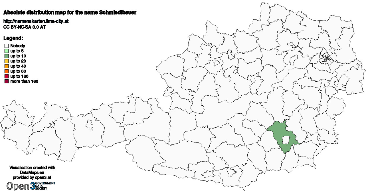 Absolute Distribution maps for surname Schmiedtbauer