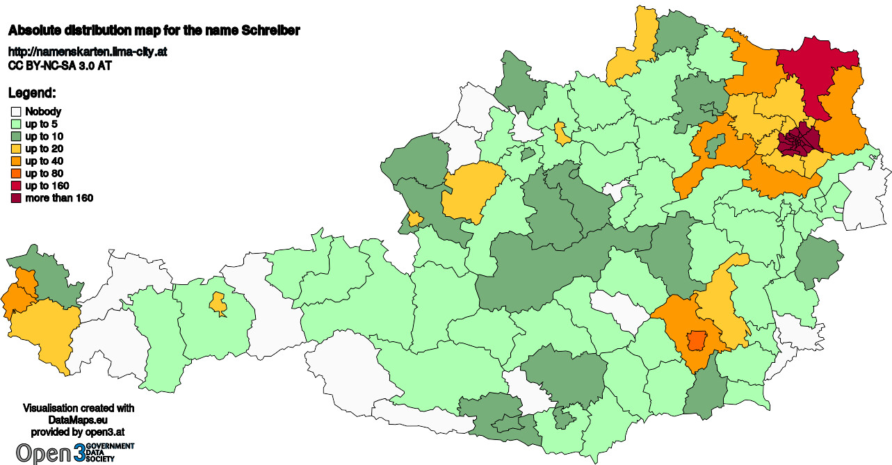 Absolute Distribution maps for surname Schreiber