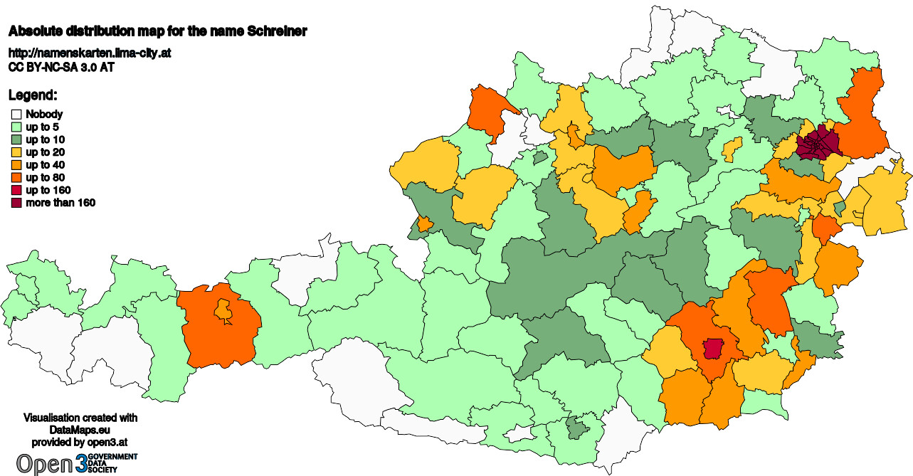 Absolute Distribution maps for surname Schreiner