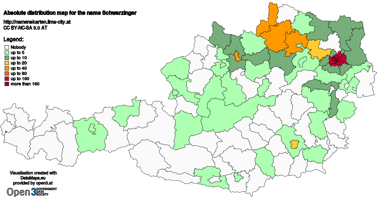 Absolute Distribution maps for surname Schwarzinger