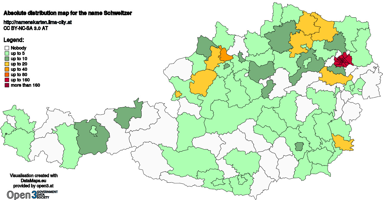 Absolute Distribution maps for surname Schweitzer