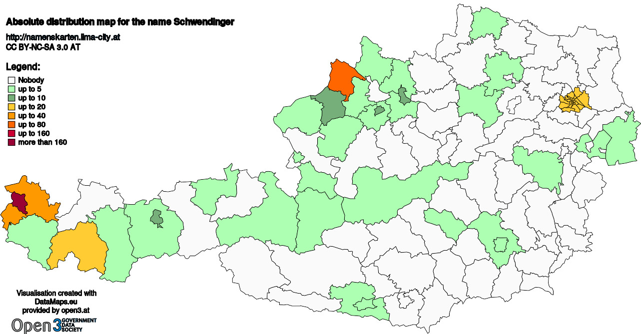 Absolute Distribution maps for surname Schwendinger