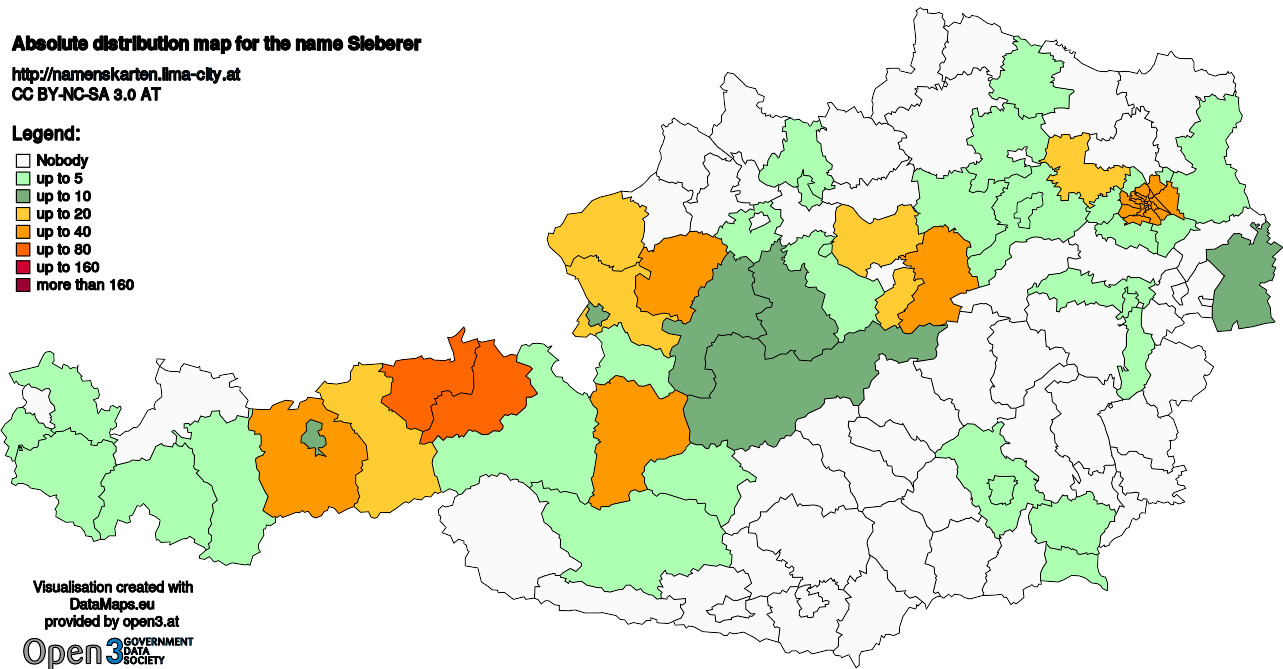 Absolute Distribution maps for surname Sieberer