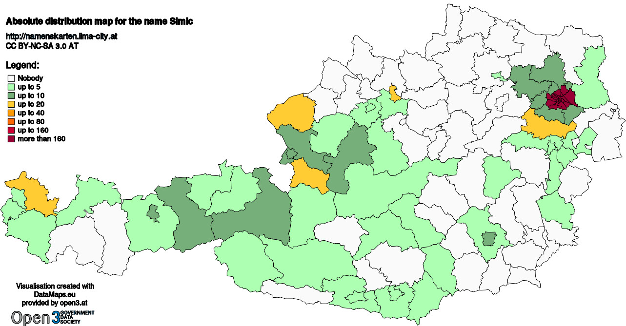 Absolute Distribution maps for surname Simic