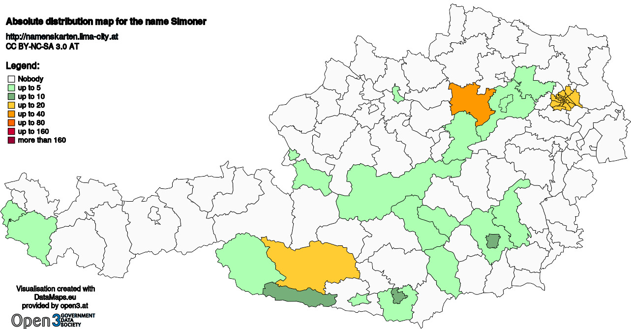 Absolute Distribution maps for surname Simoner