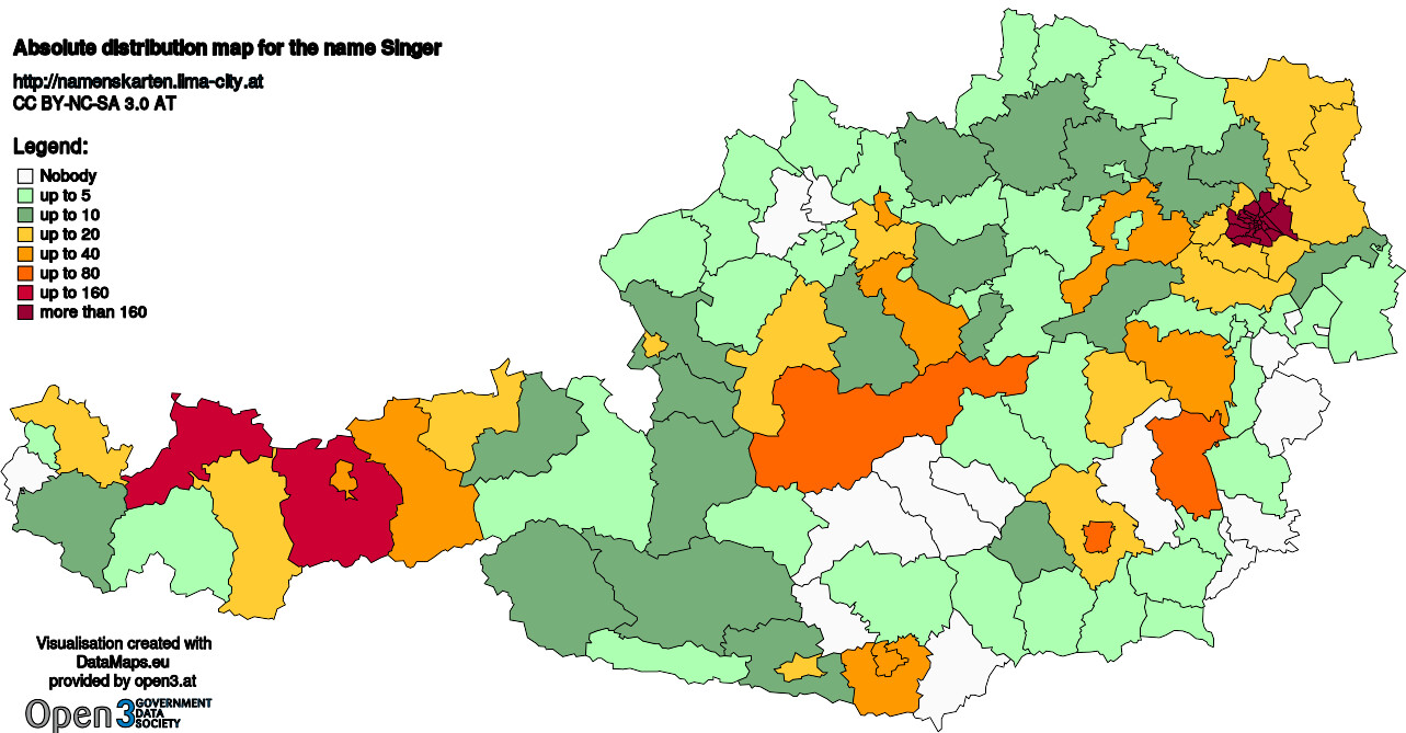 Absolute Distribution maps for surname Singer