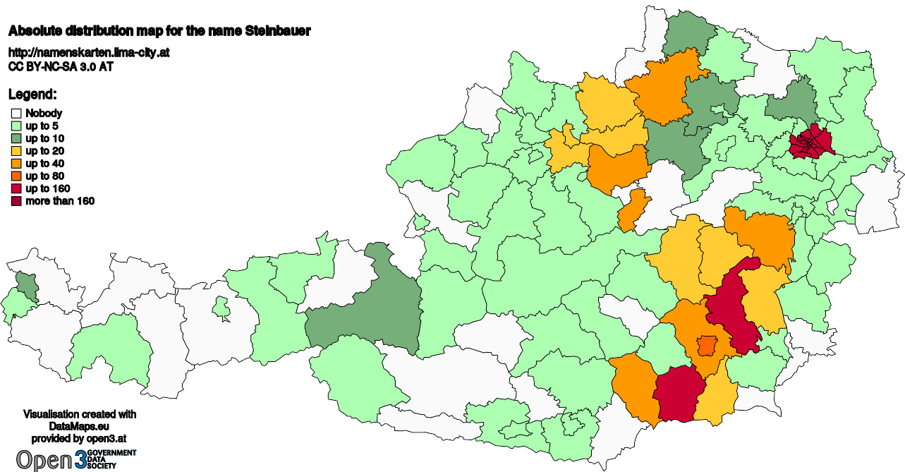 Absolute Distribution maps for surname Steinbauer