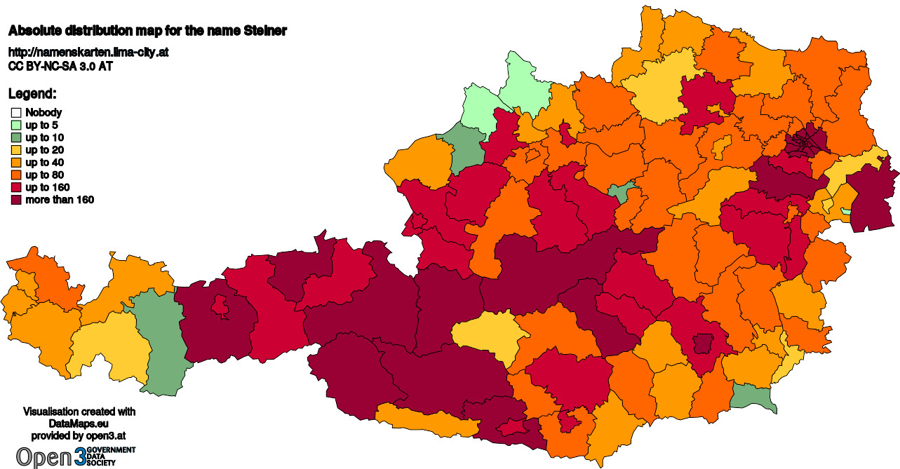Absolute Distribution maps for surname Steiner