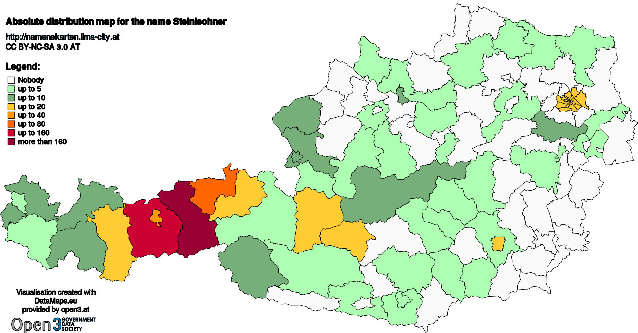 Absolute Distribution maps for surname Steinlechner